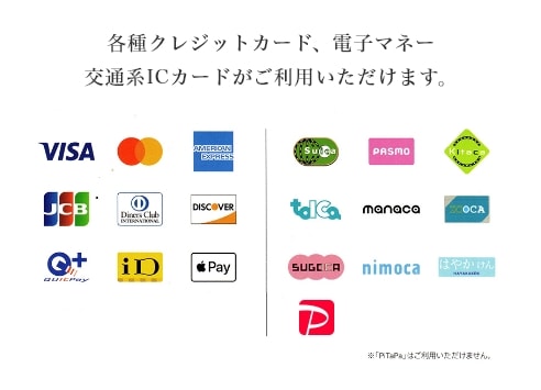 各種クレジットカード、電子マネー、交通系ICカードがご利用いただけます。 ※PiTaPaはご利用いただけません。